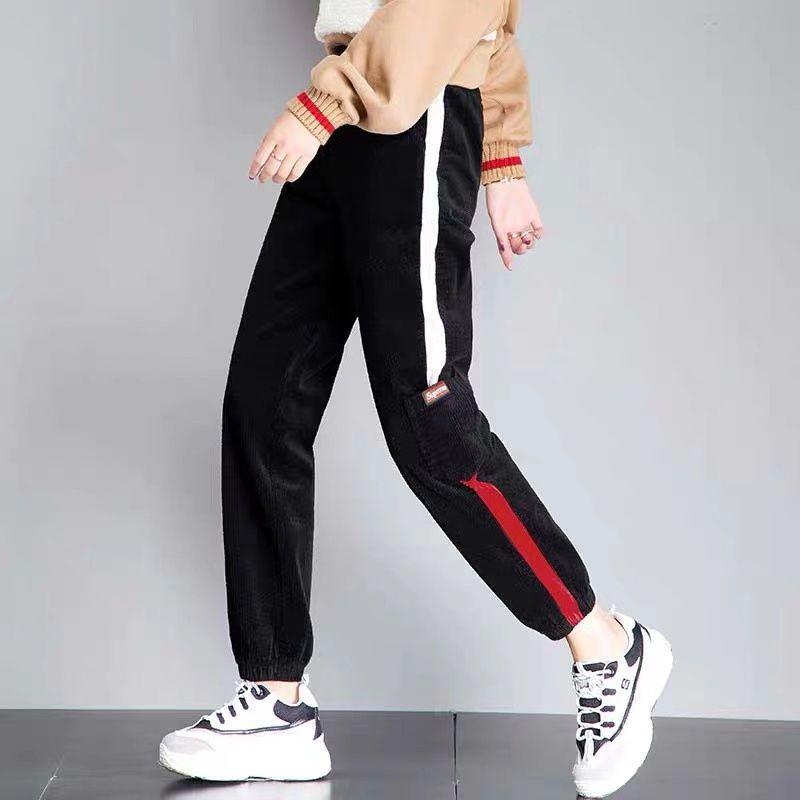 Single/plus Velvet Corduroy Pants Ladies's Fall and Winter Korean Version of The Straight Casual Loose Sports Pants