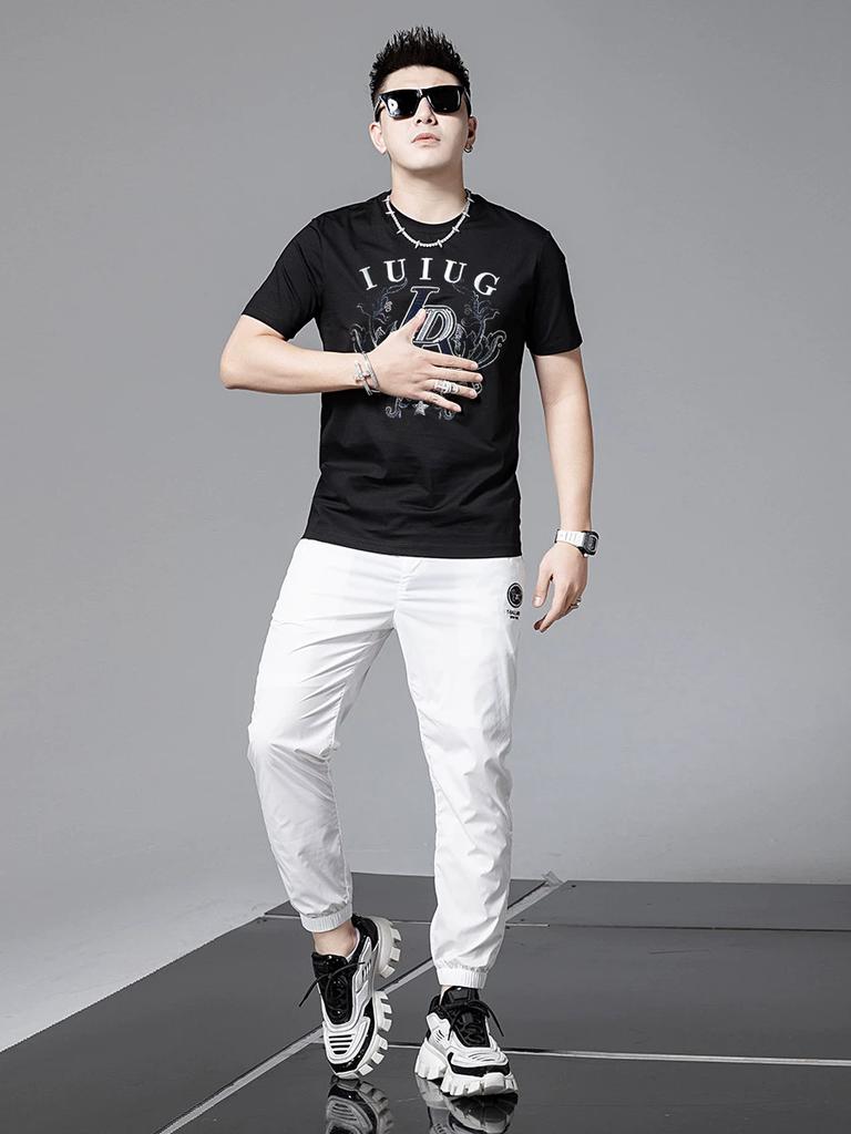 European Station 2025 Summer New High-End Short-Sleeve T-Shirt for Men with Embroidery and Rhinestones, Fashionable Youth Top