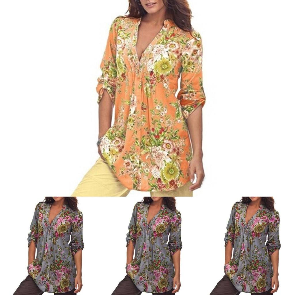 Elegante Bb Damen Blumenprint V-Ausschnitt Große Größen Oberteile Tunika Für Alle Jahreszeiten
