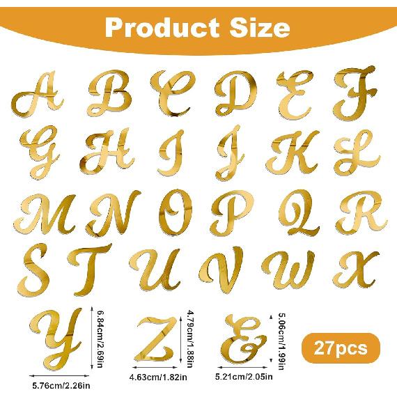 27 PCS Gold Acrylic Cake Alphabet Topper, Mirror Alphabet A-Z Personalized DIY Name Cakes Topper Picks for  Wedding Cake Decorations Baby Shower