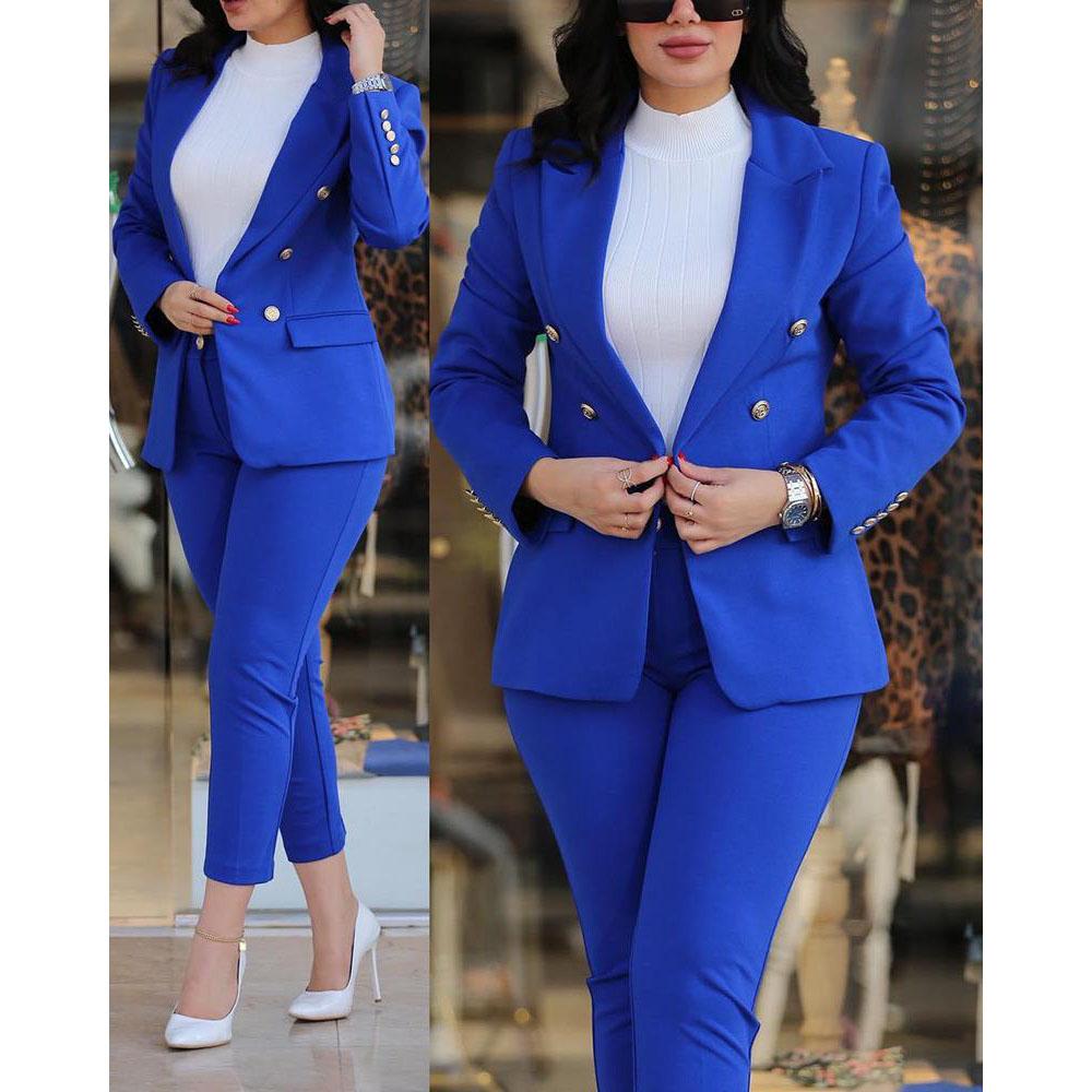 Elegant Office Lady Two Piece Sets Autumn Winter Women Fashion Notched Neck Long Sleeve Blazer & High Waist Work Pants Suit