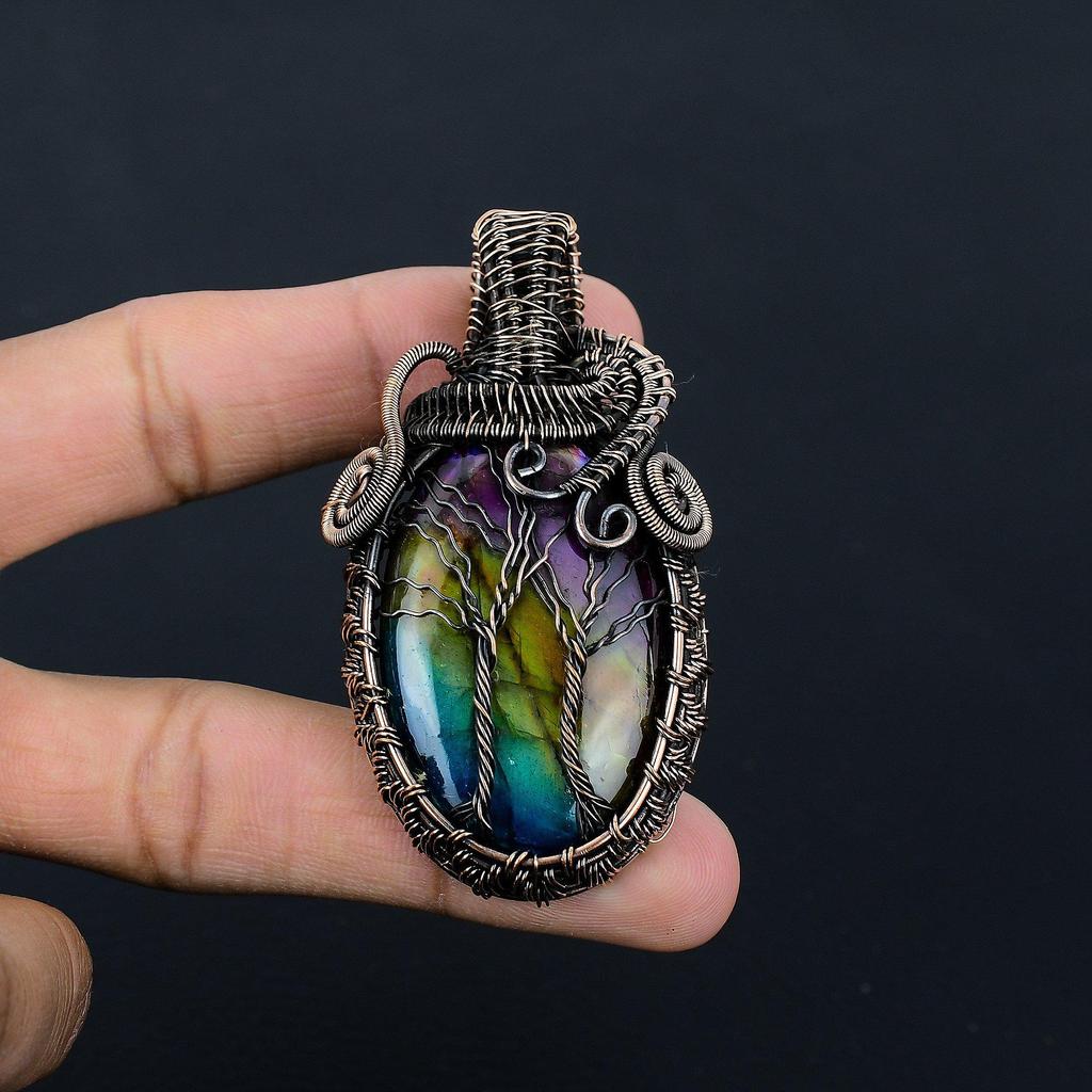Multi Fire Labradorite Pendant Gemstone Jewelry, 999 Copper Wire Wrapped Pendant, Gift For Women Handmade Pendant