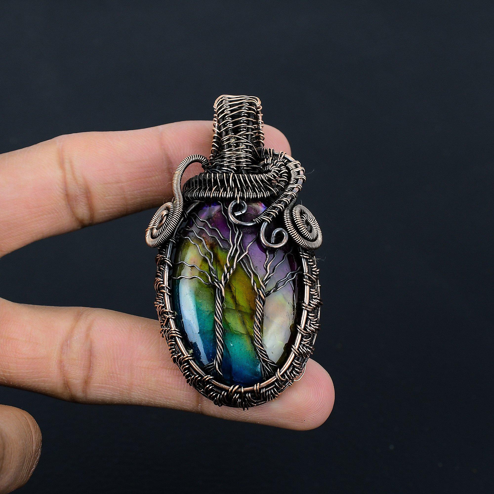 

Кулон из лабрадорита с мульти-иризацией, ювелирное изделие из драгоценного камня, кулон, оплетенный медной проволокой 999 пробы, подарок для женщин, кулон ручной работы 2.55 Inches