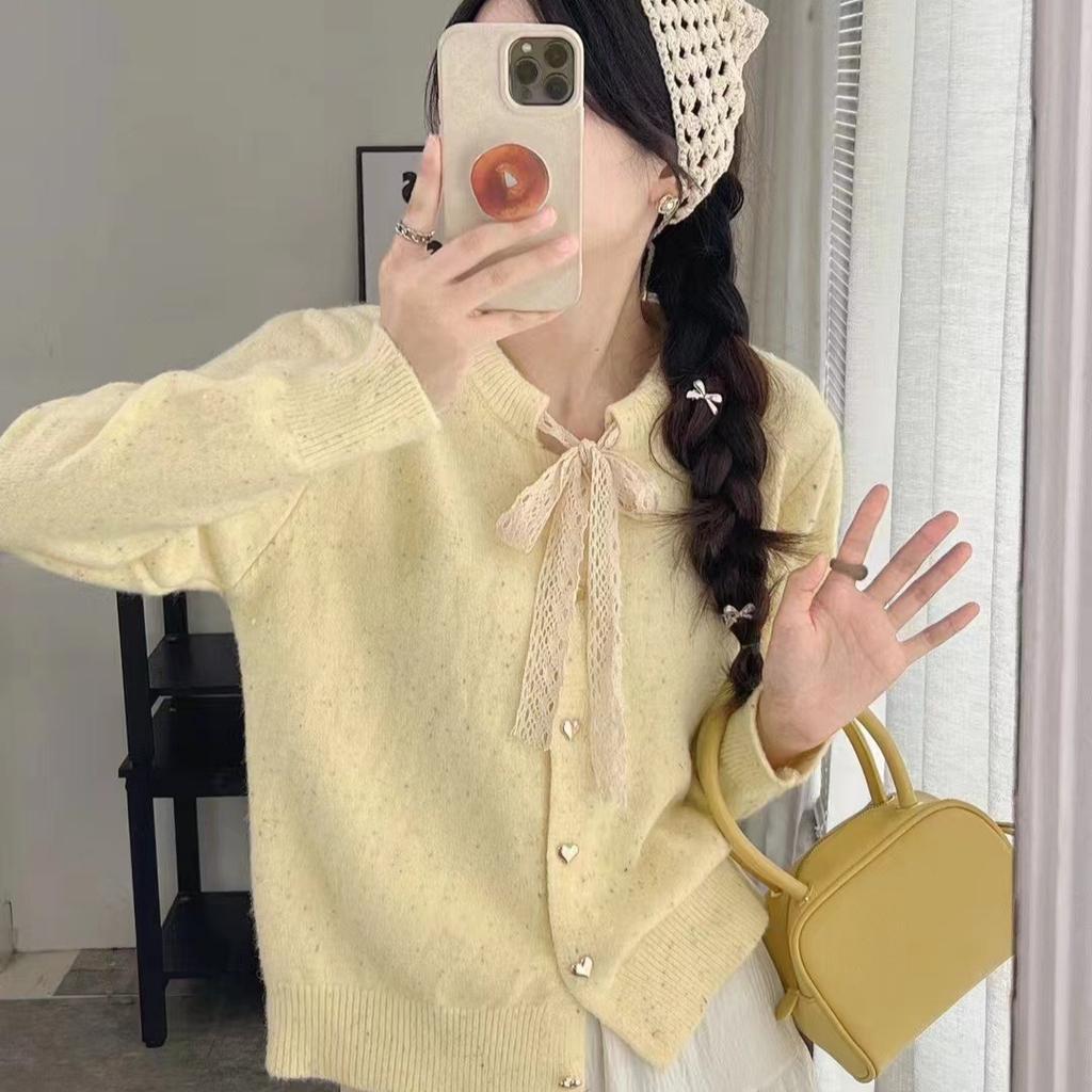 Gentle wind lace strap bow knitted cardigan women's autumn and winter sweet love buckle crew neck sweater jacket