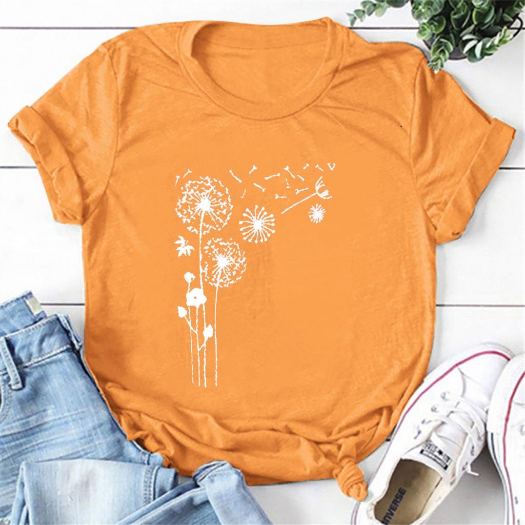 Women Fashion Flower Printing O-Neck Short T-Shirt Loose Blouse Top Shirt