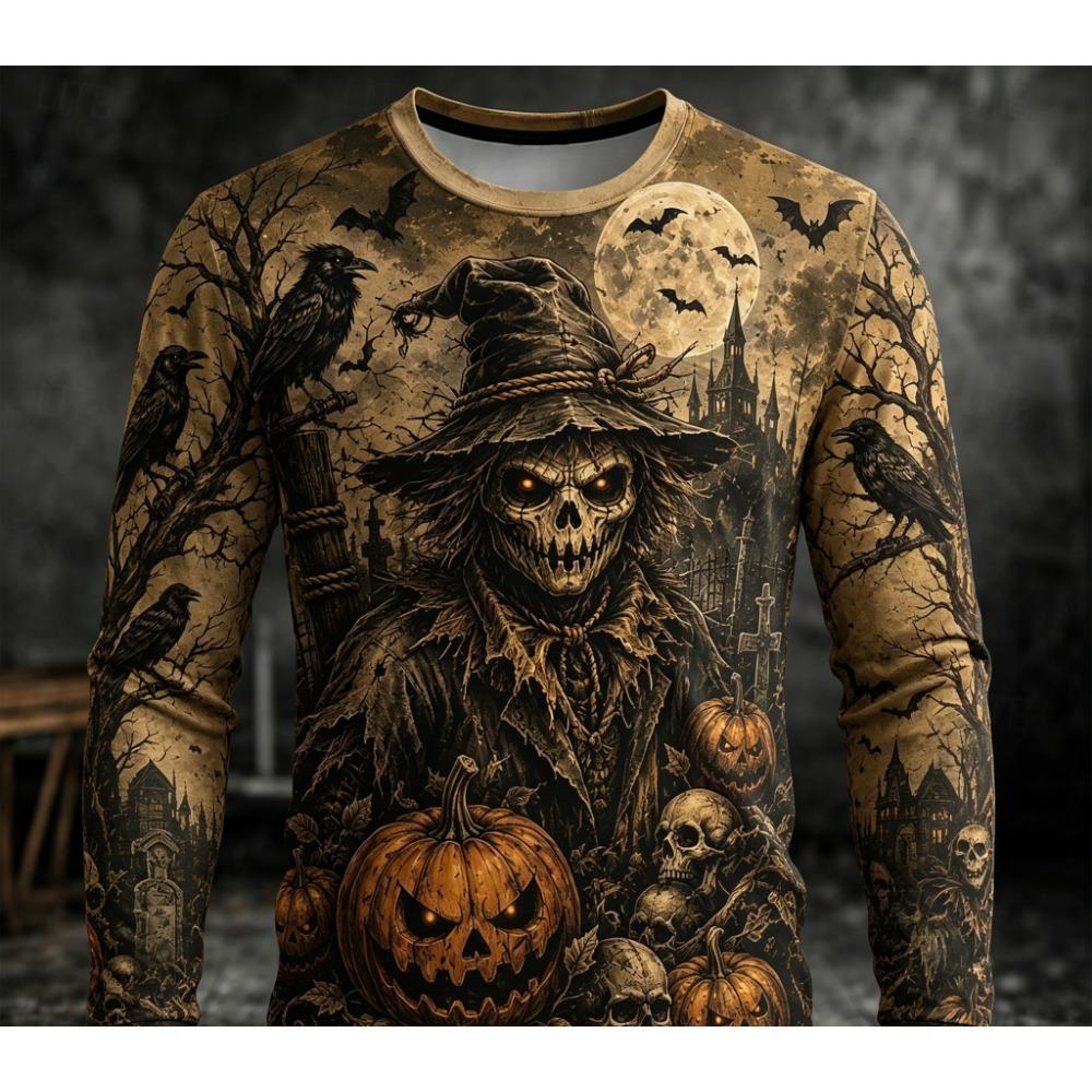 Men Vintage Halloween Long Sleeve T-shirt Grim Reaper Scarecrow