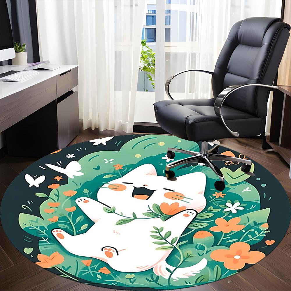 1pc Floral Cat Office Round Area Rug, Indoor Mat Suitable For Office, Under Office Chairs Bedroom Living Room Home Decor177