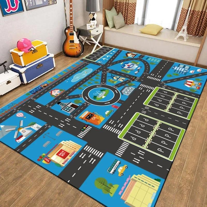Transportation Track Crawling Mat Children's  Living Room Carpet Non-slip Machine Washable Area Rug for Kid’s Bedroom Floor Mat