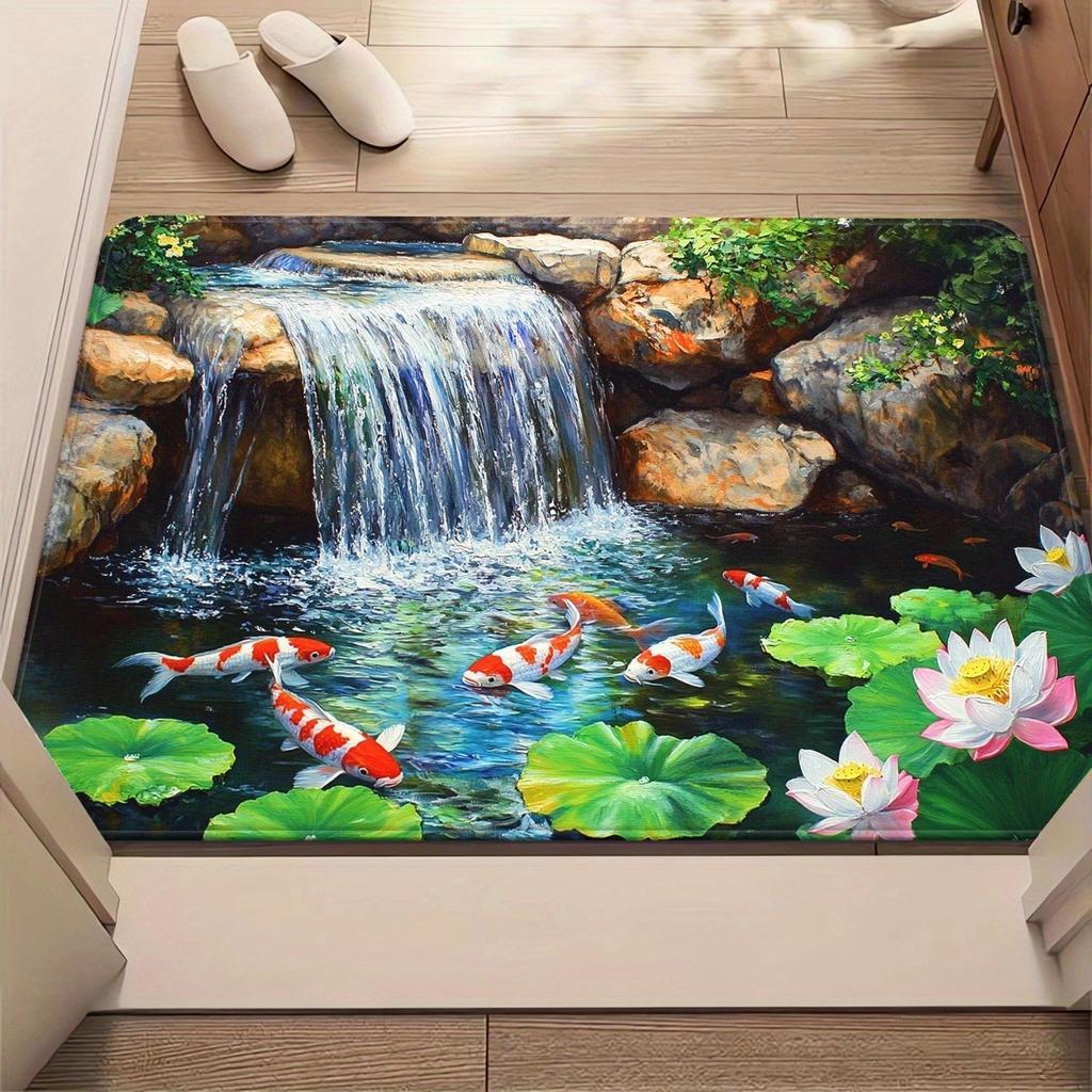 2D Phantom Pond Turtle Door Mat Turtle and Fish Pattern Indoor and Bathroom Living Room Bedroom Entrance Natural Rock Decoration