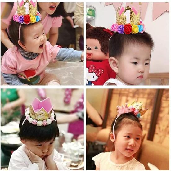Baby Princess Glitter Gold Crown, 2st Birthday Party Hat Gold with Mix Rainbow Color Flowers