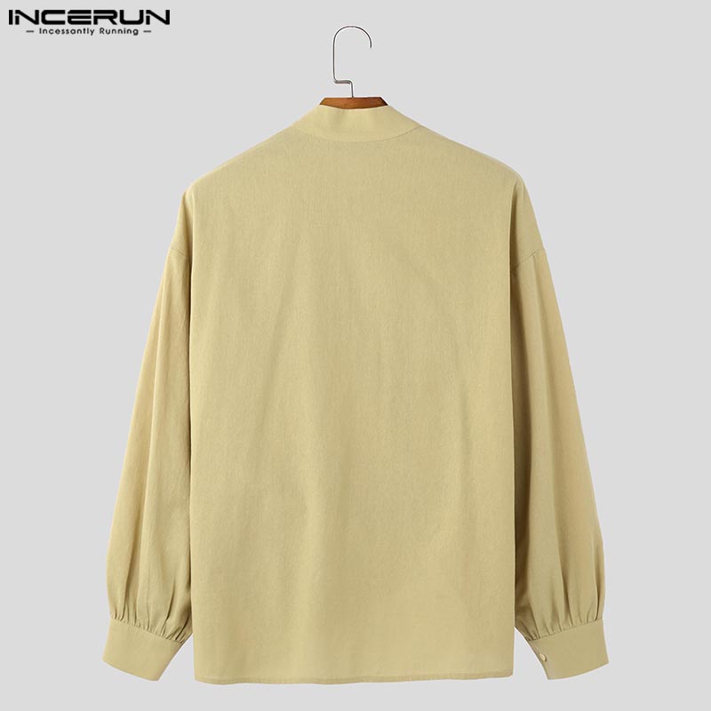 INCERUN Men Long Sleeve Front Cross Casual Irregular Tops Shirts