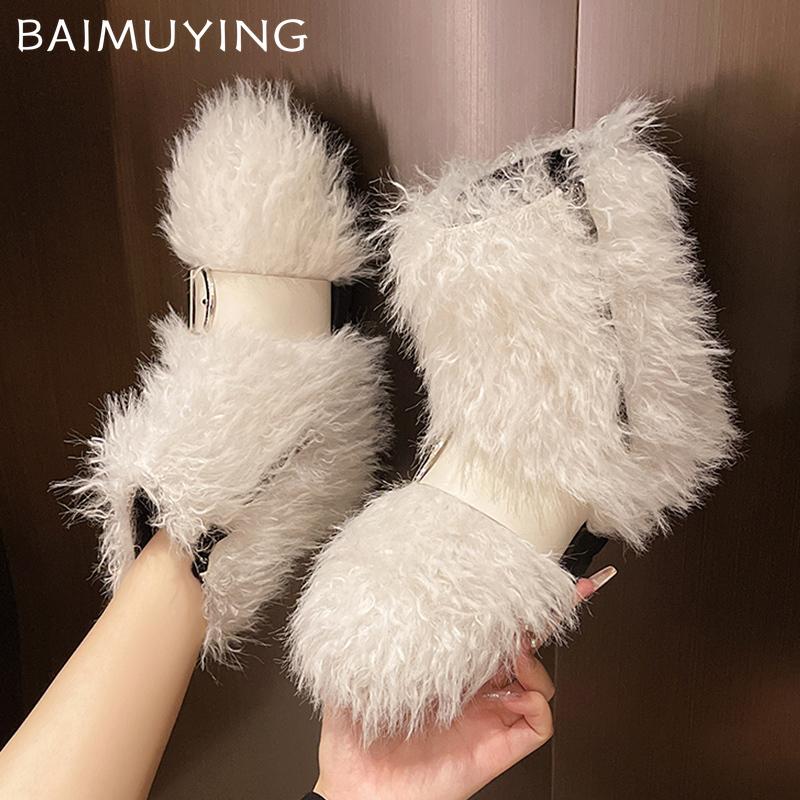Pelzige flache Damen-Schnee-Stiefeletten Kurzer Plüsch Designer-Schnalle Baumwollschuhe Neue Marke 2025 Trend Warm Gemütlich Winter Botas De Mujer