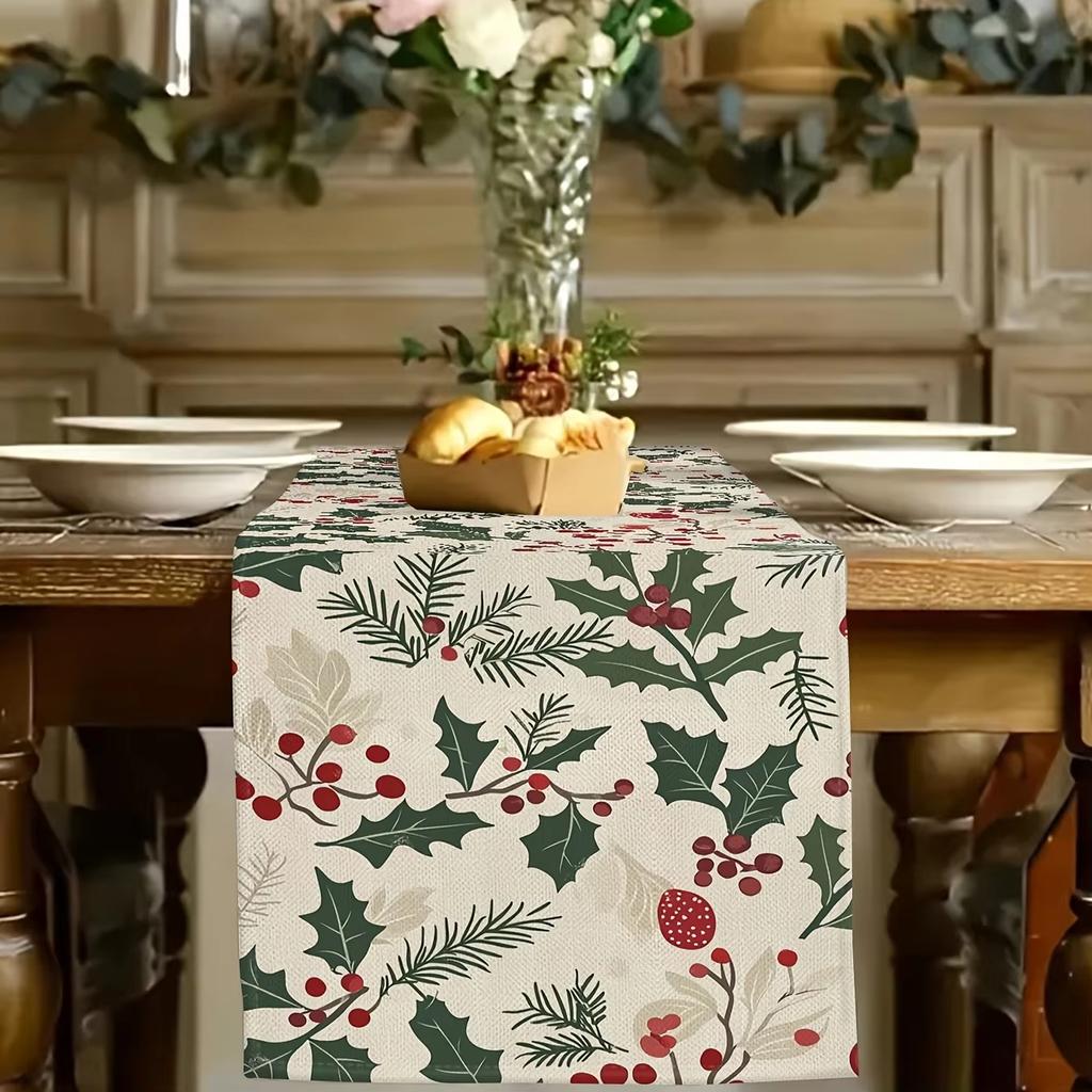 Böhmischer Weihnachts-Tischläufer Stechpalmenrot Beeren Grünes Laub Rechteckig Küche Esszimmer Feiertags-Partydeko