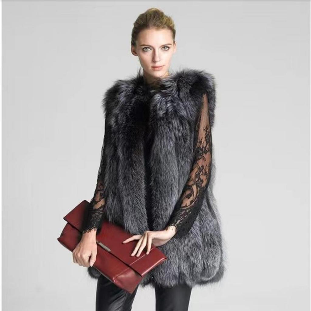 New Autumn and Winter Fur Coat Vest Women's Mid Length European and American Style Faux Fox Collar Thickened Fashion Women's Faux Leather
