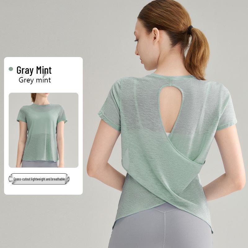 High-End Damen Slub Garn Aushöhlung Rücken Outdoor Sport Top – Atmungsaktiv, Rundhalsausschnitt, Kurzarm Fitness Yoga Überwurf für den Sommer.