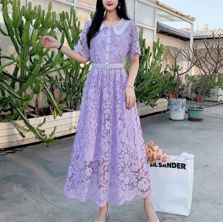 Damen Französisch Süß Farbblock Peter Pan Kragen Slim Fit Midilänge Spitzenkleid