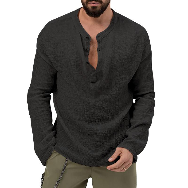 New Autumn Long Sleeve T-shirt Men's Loose Button V-neck Top