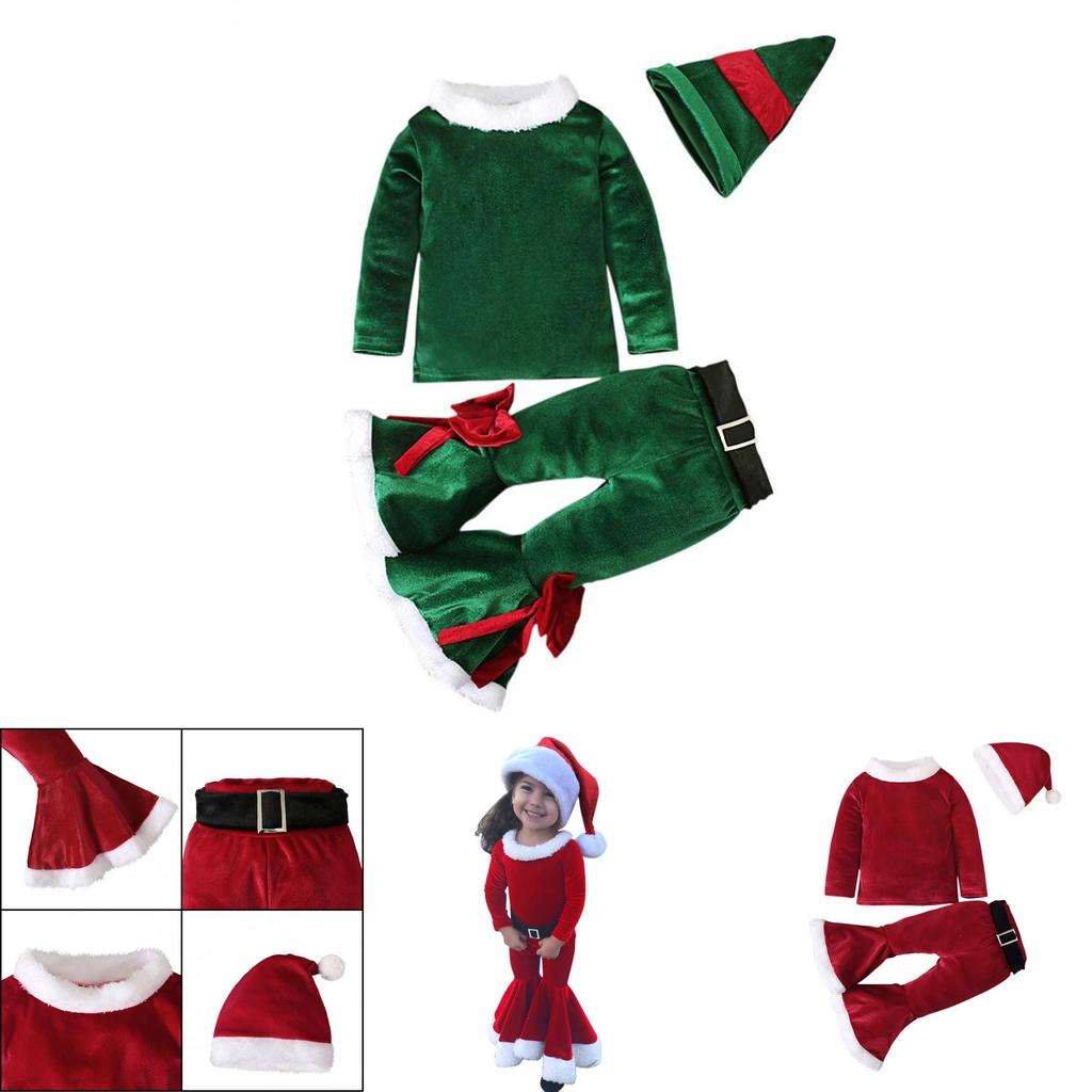 Festive Christmas Kids Girls Plush Flared Pants Suit With Santa Hat Tree Hat