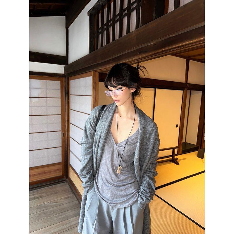Women's V-neck Long Sleeves T-shirt Loose Temperament Slim Looking Lazy and Versatile Knitting Bottoming Shirt