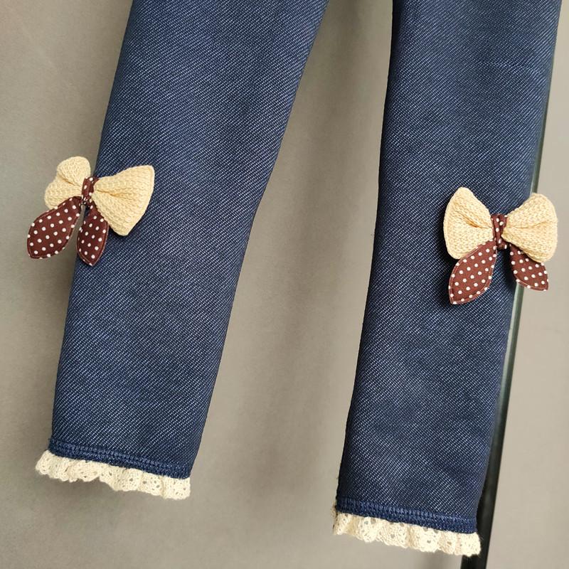Imitation Denim Girls Pant Autumn Winter Plus Velvet Warm Long Pants Bow Lace Kids Trousers