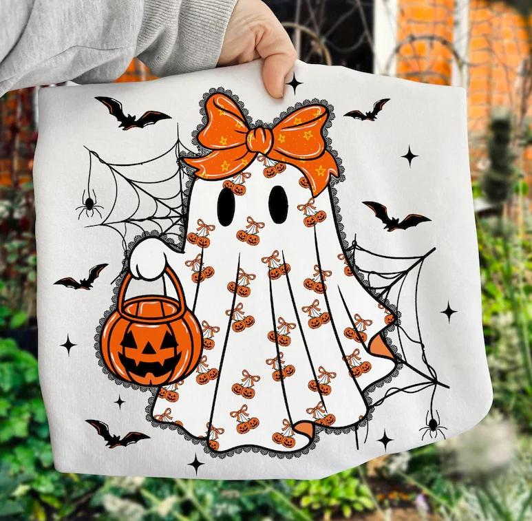 

Lace Ghost Coquette Halloween Shirt, Girly Ghosties Orange Bow Tee Spooky Mama 4XL