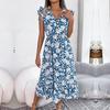 Women Summer Floral Holiday Dress V Neck Sleeveless High Waist Wood Ear Edge Design