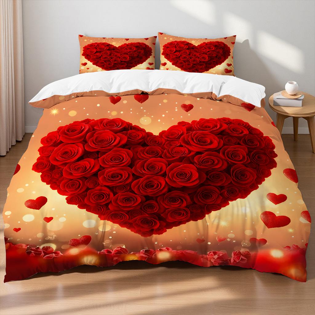 3Pcs Romantic Red Love Rose Duvet Cover Set - Soft, Comfortable Perfect For Valentine'S Day,Home,Dormitory,And Romantic Bedrooms