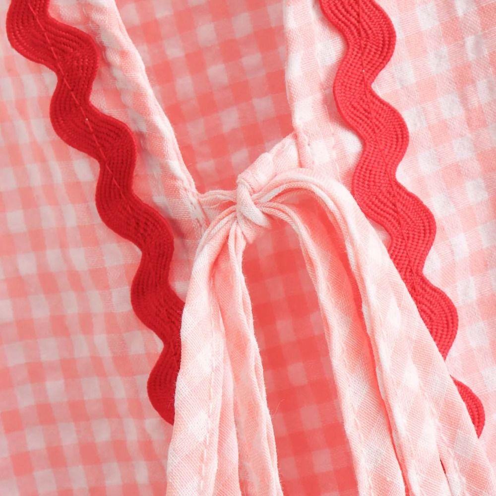 Stripe Plaid Bowknot Lace Up Blouse Ruffle Loose Chic Puff Sleeveless Blouse Tops  Party