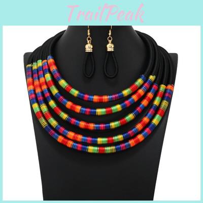African Style Beaded Collar Necklace Earrings For Women With Geometric Design And Multilayer Style