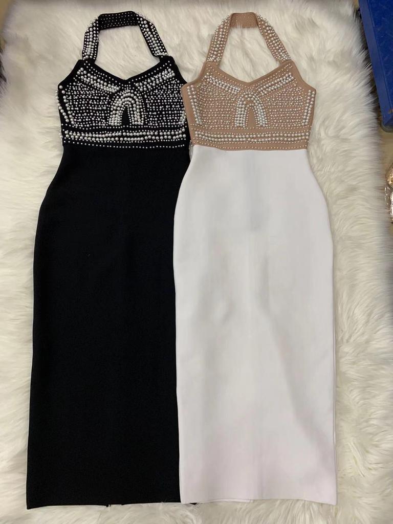 2022 Halter V-Neck Beaded Bandage Midi Dress - Slimming Evening Style