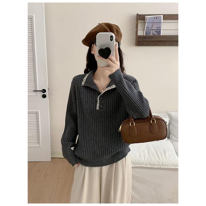 

Вязаный пуловер для женщин, осень и зима, новый кружевной кружевной пуловер на пуговицах с полуоткрытой застежкой, воротником-стойкой, вязаная базовая модель average size серый