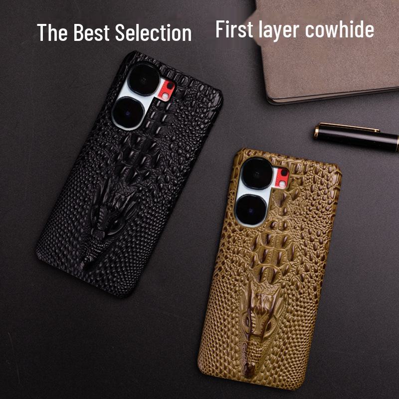High-end Cowhide Dragon Head Pattern Half-cover Leather Case for iQOO Neo9 and Neo9Pro. Ideal for Protective Needs.