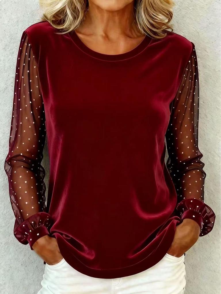 Elegant European & American Women's Lace Patchwork Velvet Long Sleeve T-Shirt