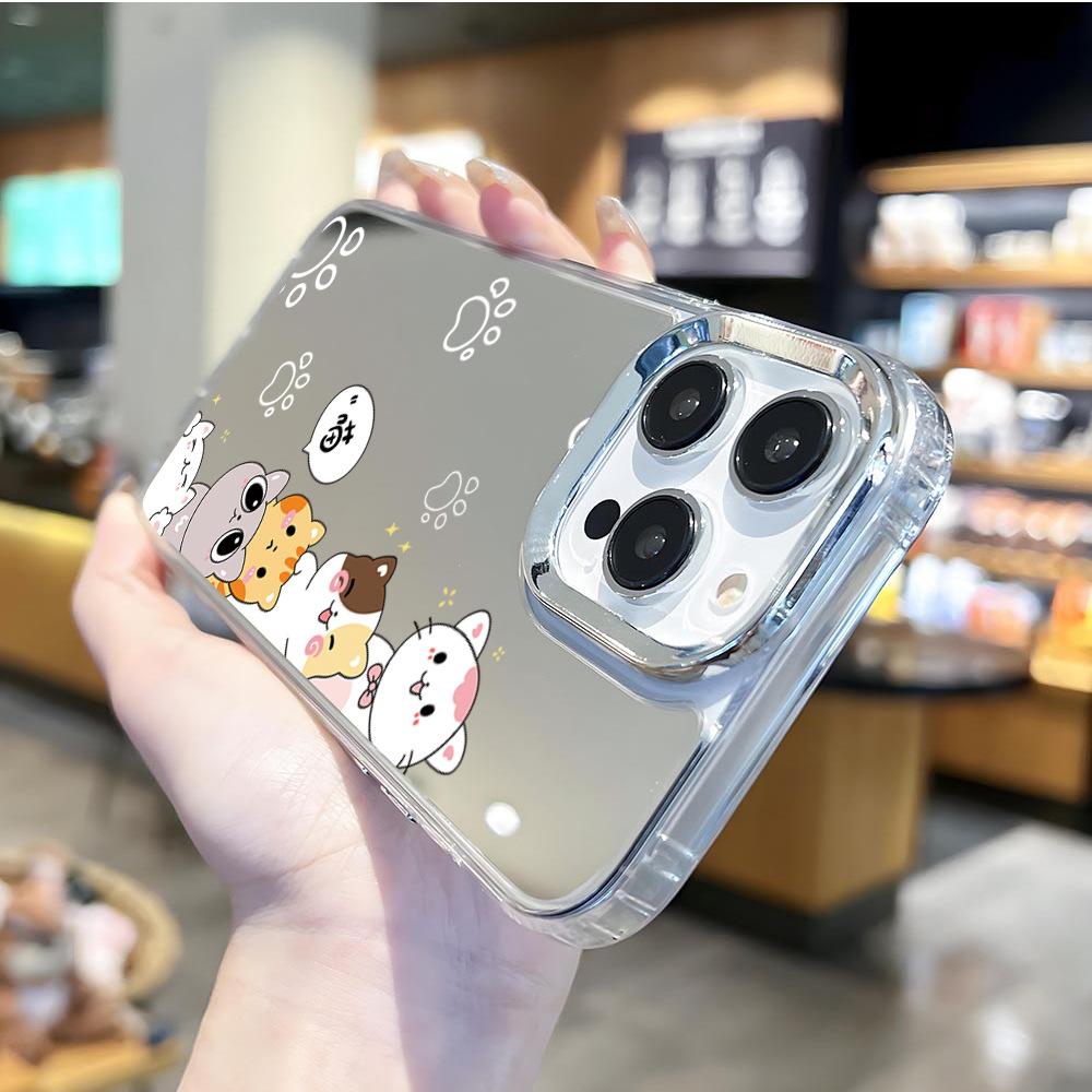Japanese and Korean Cartoon Cute 16promax Mobile Phone Case Stacked Cat iPhone17 Cute Pet 12 High-end Makeup Mirror Case