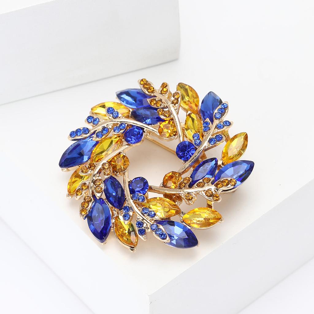 Classical Olive Branch Circle Badges for Women Crystal Round Flowers Party Office Brooch Pins Gifts