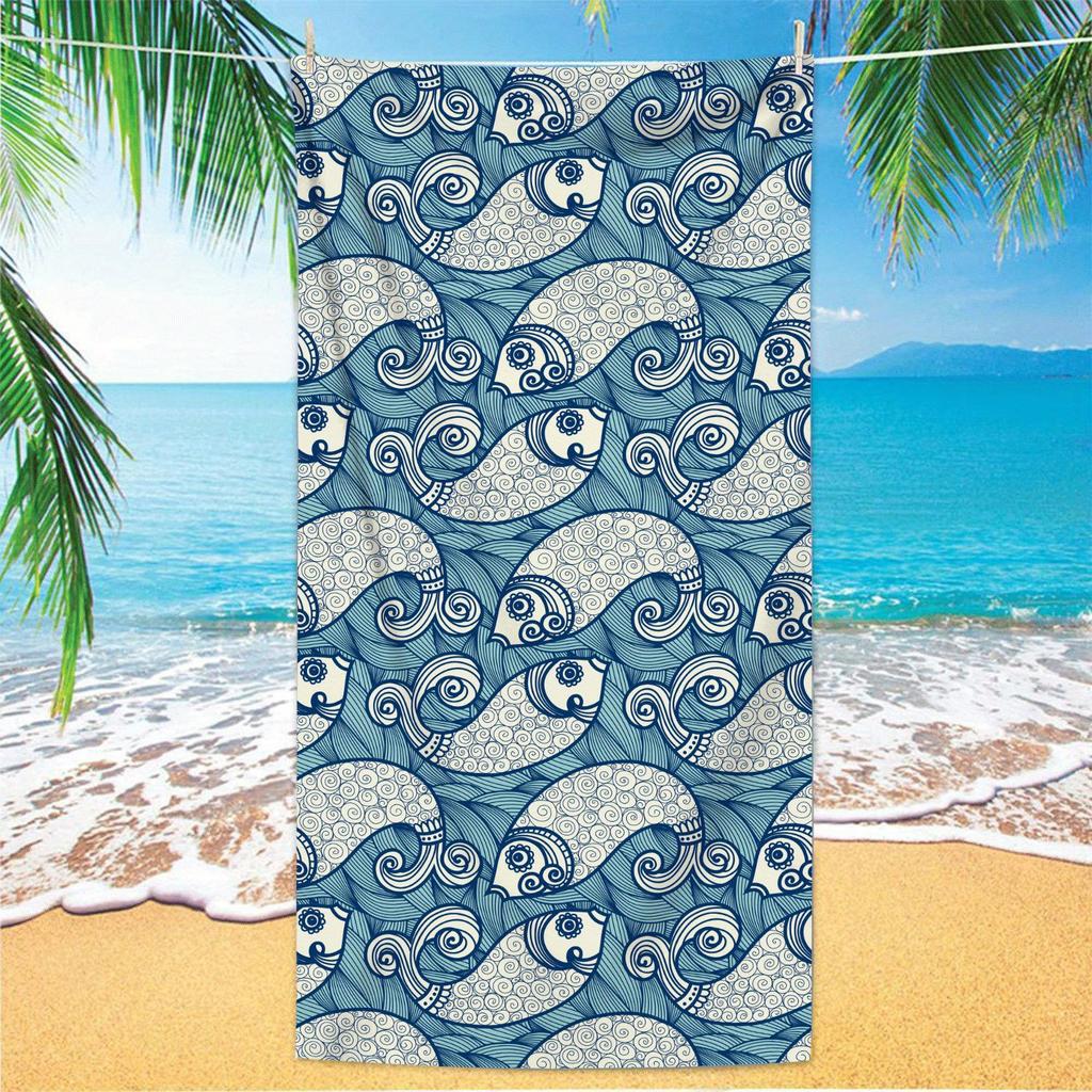 Fish Print Beach Towel, Quick Dry Super Absorbent Soft Lightweight for Beach Swimming Camping Travel Ideal Holiday Gift