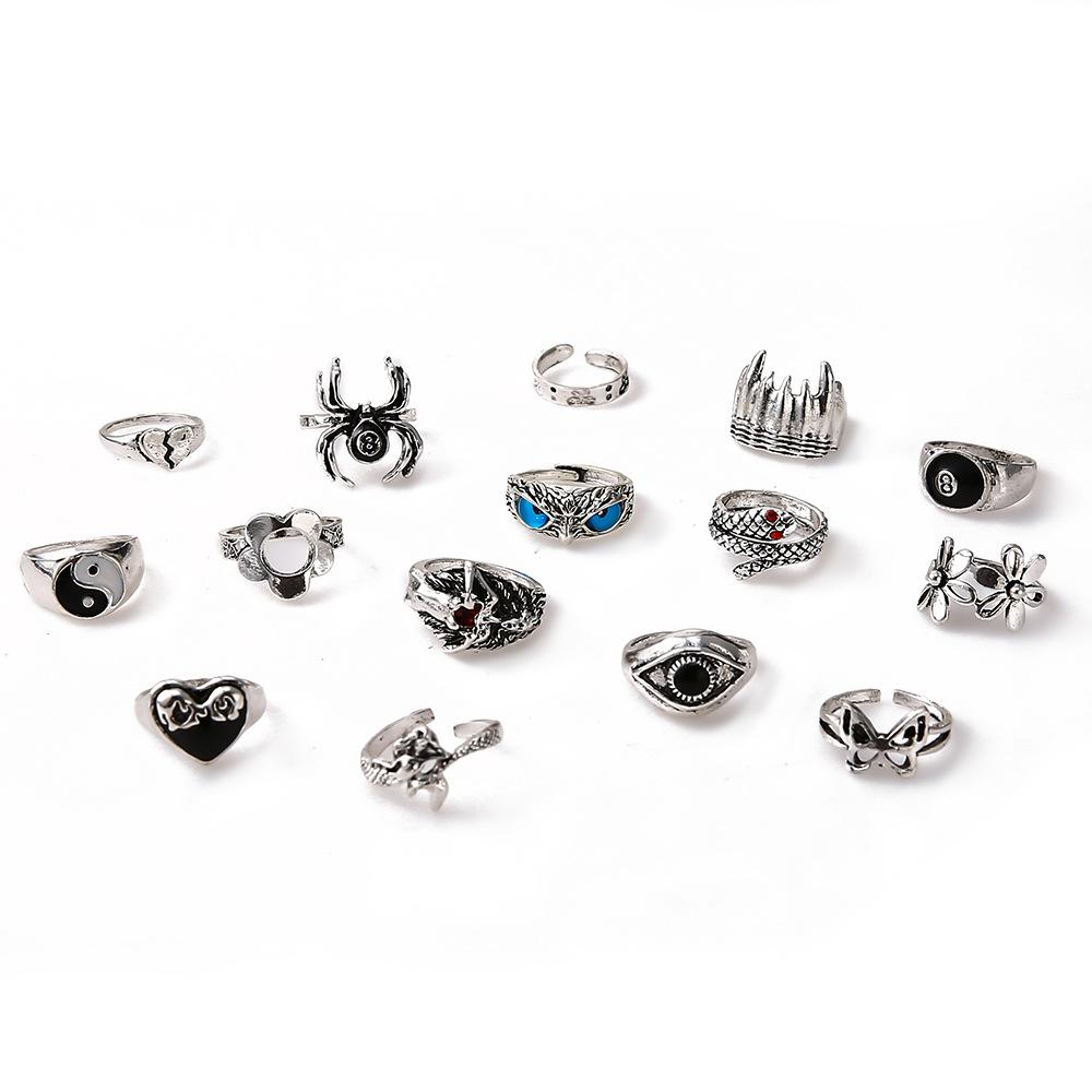 Retro Animal Ring Exaggerated Owl Spider Ring 15-piece Set