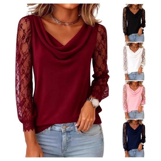 Women T-shirt Swing Collar Lace Splicing Long Sleeve Pullover Tops Pure Color Anti-Wrinkle Breathable