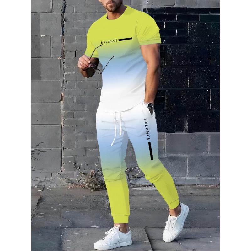 Men'S 3D Casual Suit, Gradient Color High-Definition Pattern Printed Short-Sleeve T-Shirt And Drawstring Straight-Leg Pants Set