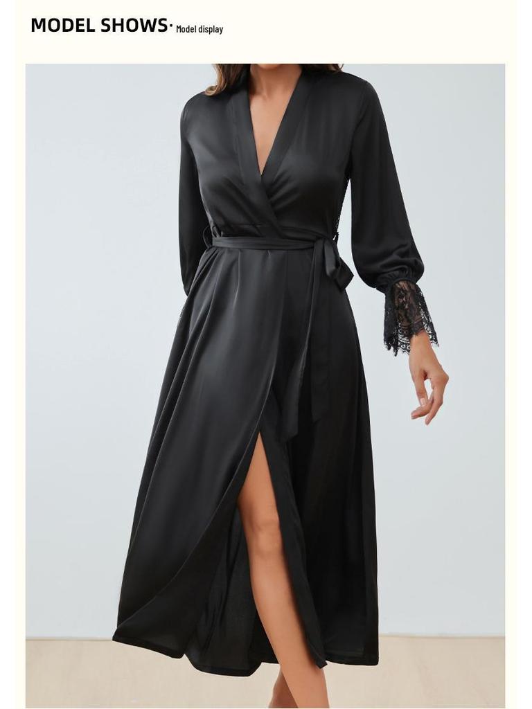 Yaoting Damen Satin Chiffon Nachthemd: Sommer Spitzen-Patchwork, Französisch Elegant, Sexy Rückenfreier Langer Morgenmantel.