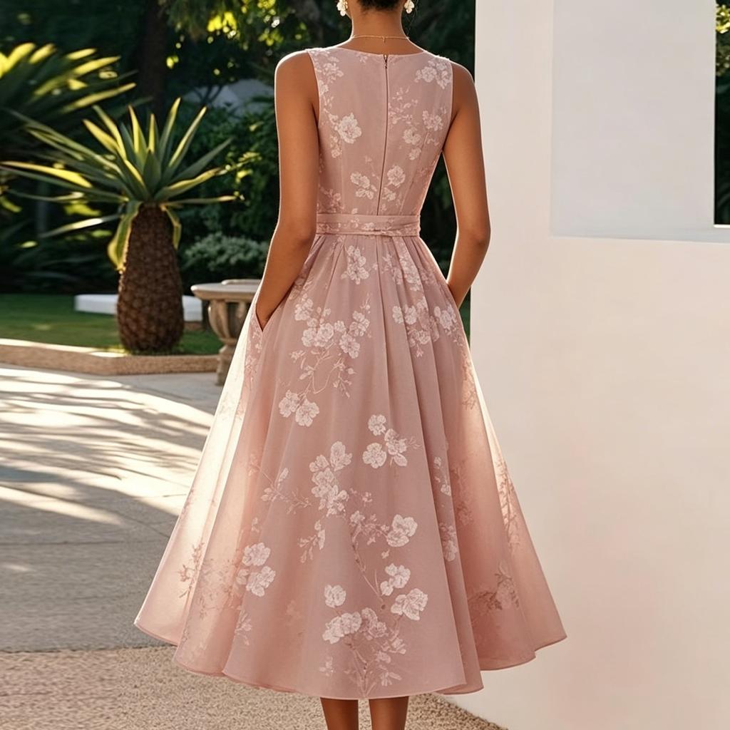 Women Sleeveless V Neck Floral Print Dress Midi Length Formal Gown for Banquet Party Evening Elegant A Line Fit Flare Design