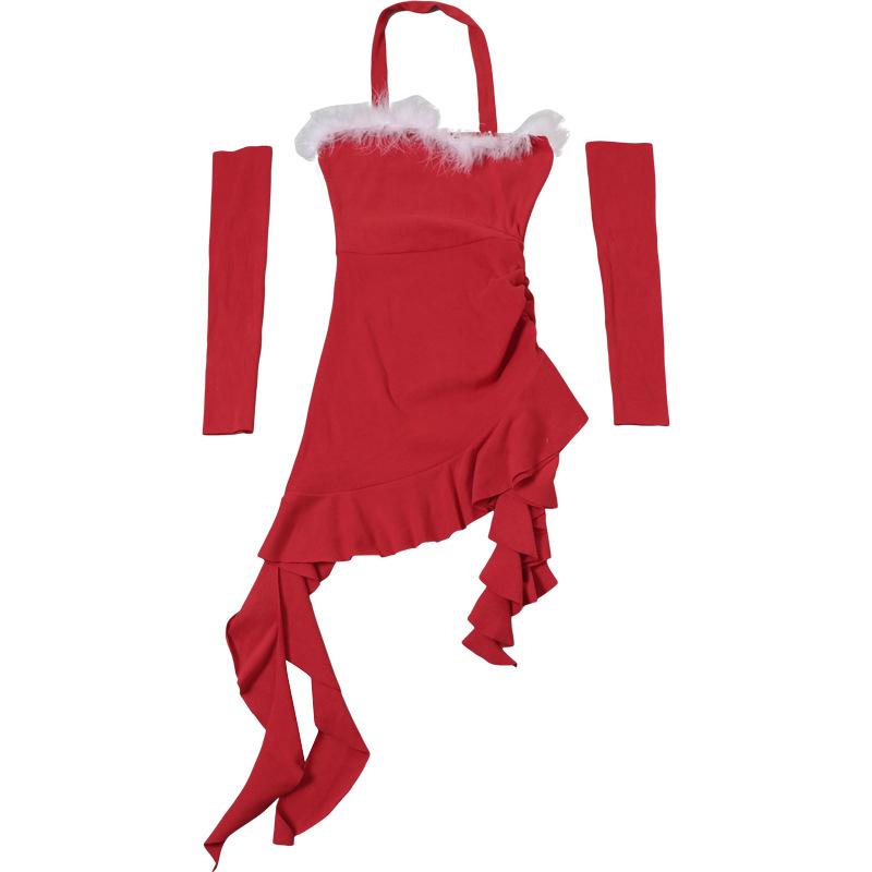 Weihnachten Winter Damen Sexy Spice Girl Neckholder mit Brust Unregelmäßigen Langarm Set Kleid