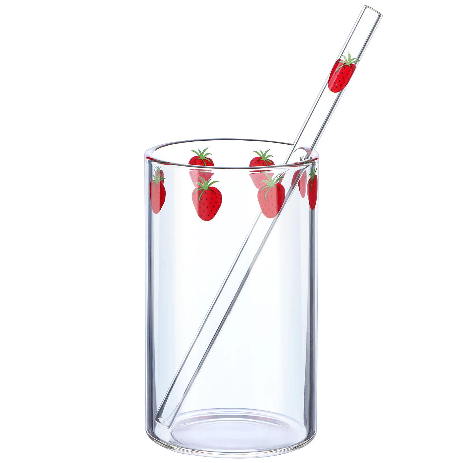 

Cute Glass Cup with Straw Strawberry Coffee Mugs Creative Transparent Water Drinking Student Milk Gift Drinkware cute cups