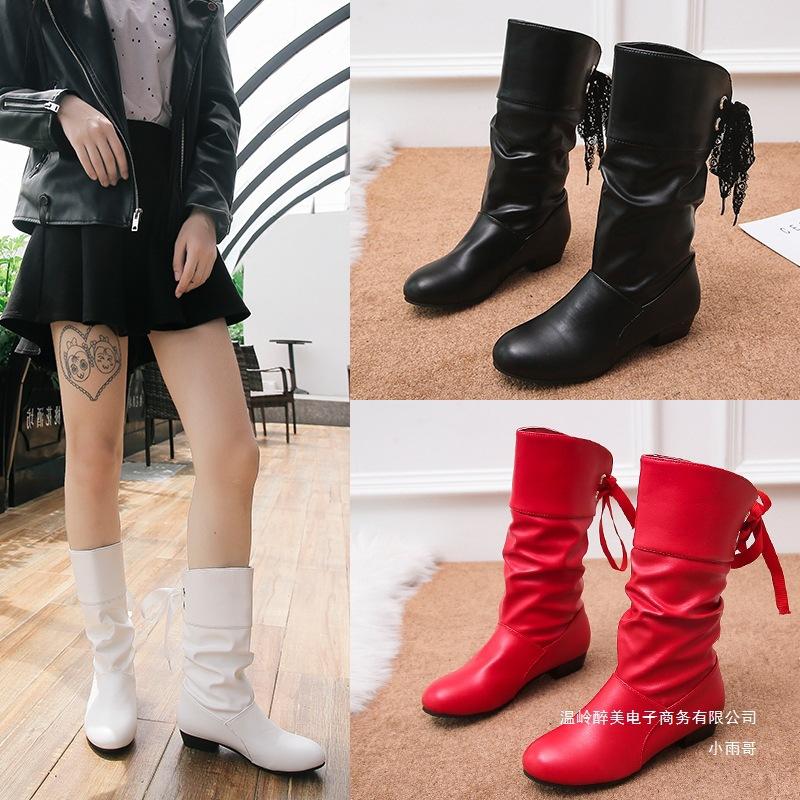 Plus-size Shoes, Women's Shoes, Knight Boots, Low-heeled Round-toe Laced Mid-calf Boots for Warmth