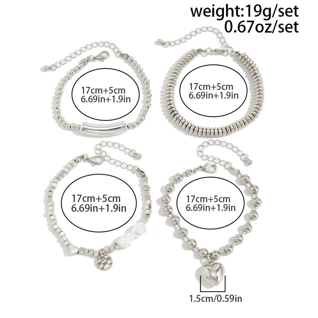4-piece/set Fashion Imitation Pearl Metal Heart-shaped Pendant Bracelet for Women's Creative Silver Cubic Chain Jewelry