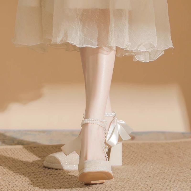 Fashion Women's Chunky Single Shoes Spring New Square Head Shallow Mouth Sequin Bead Butterfly Knot Anti-slip Wear-resistant High Heels