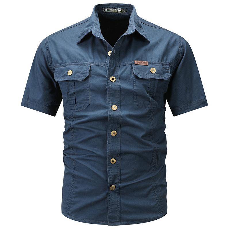 

Men s new summer thin short-sleeved shirt jacket men s solid color casual pure cotton outdoor tooling shirt top M темно-синий