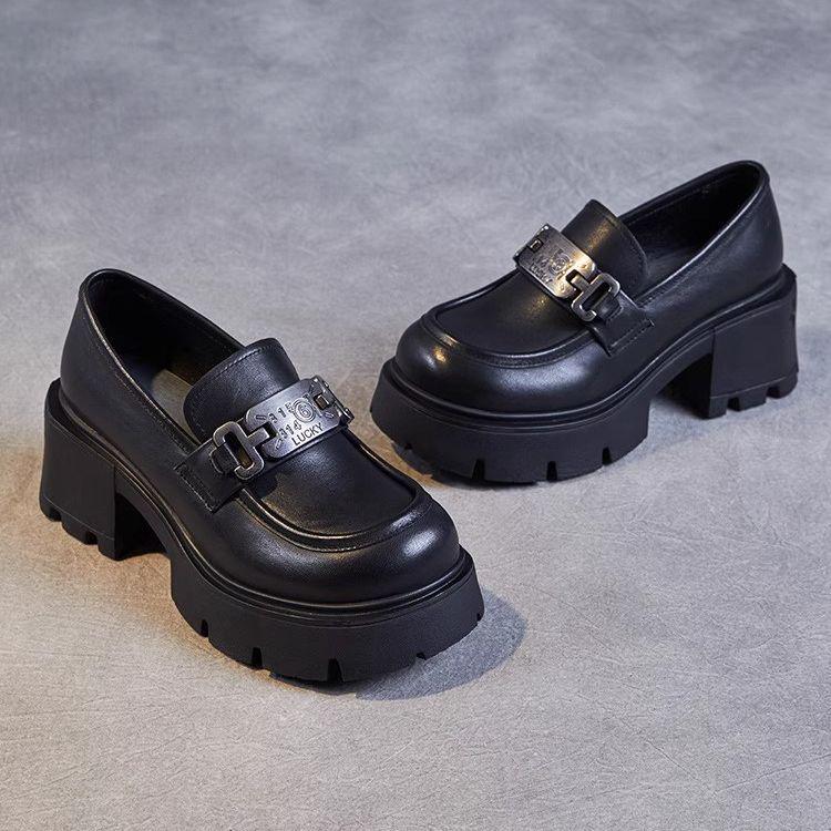 

Женские лоферы на массивном высоком каблуке с металлической пряжкой - Увеличивающие рост, Универсальная осенняя мода 40