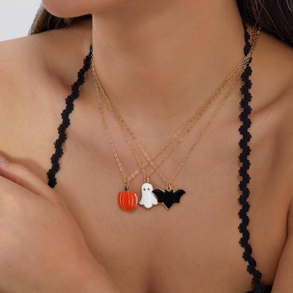 Metal Pumpkin Pendant Ring Enamel Ghost Pendant Jewelry Cute Halloween Jewelry Set Women