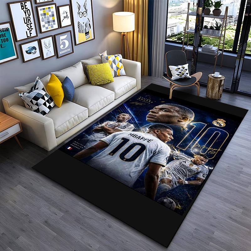 Sport-Teppich, Kylian Mbappe Real Madrid Nummer 10 Weißes Trikot Santiago Bernabeu Dunkelblauer Druck, Fan-Dekoration, Rutschfeste Matte